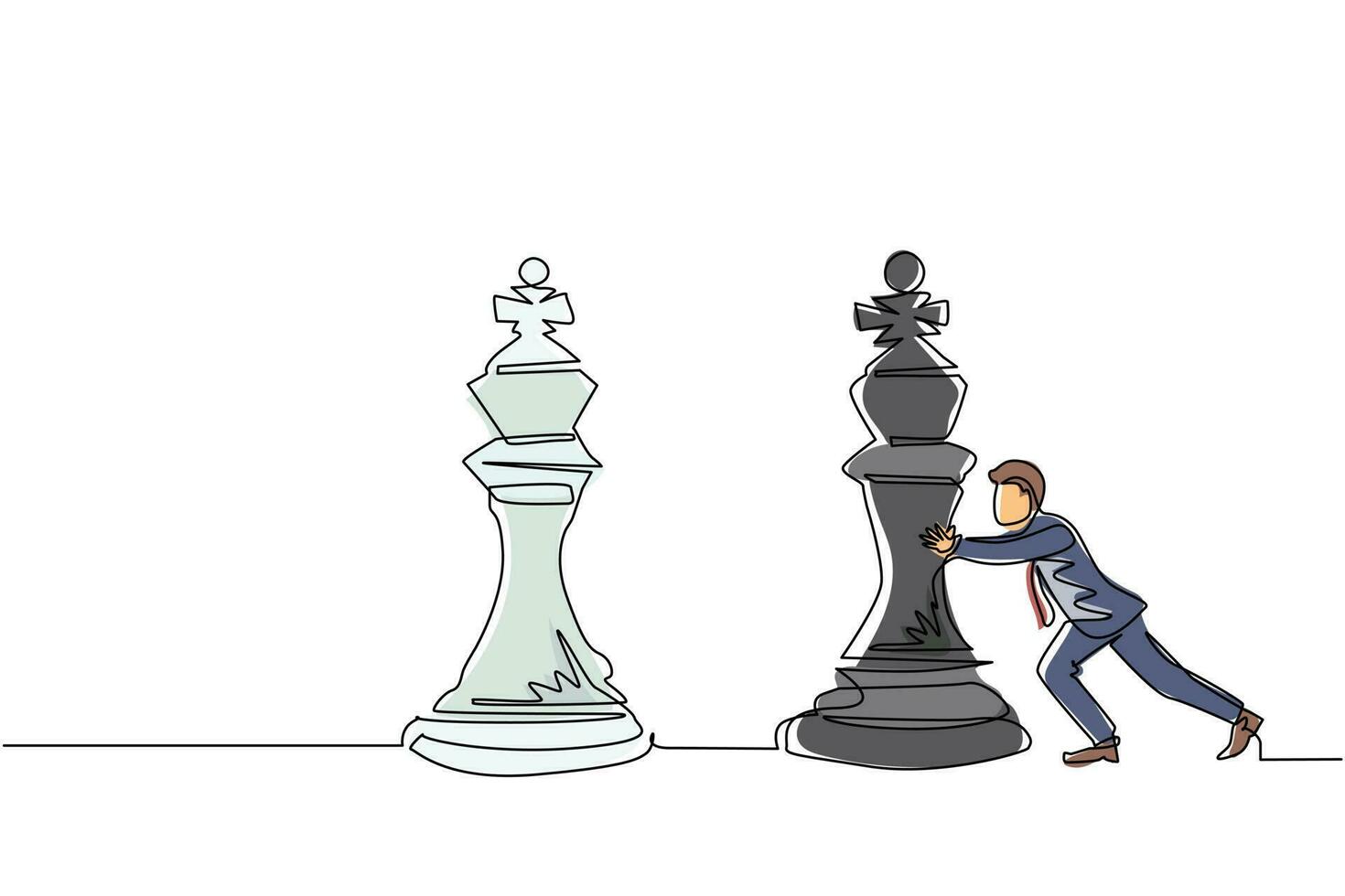 único desenho de uma linha jovem empresário empurrar peça de xadrez rei  enorme. estratégia de negócios
